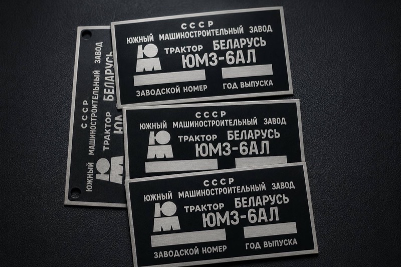 Шильды трактора со светлой гравировкой по чёрному анодированному алюминию